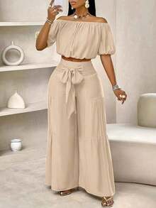 2pcs Women Summer Casual Solid Color Short Sleeve Top + High Waist Drawstring Long Pants 2 Pieces Outfit - 杏色 - 查看 4