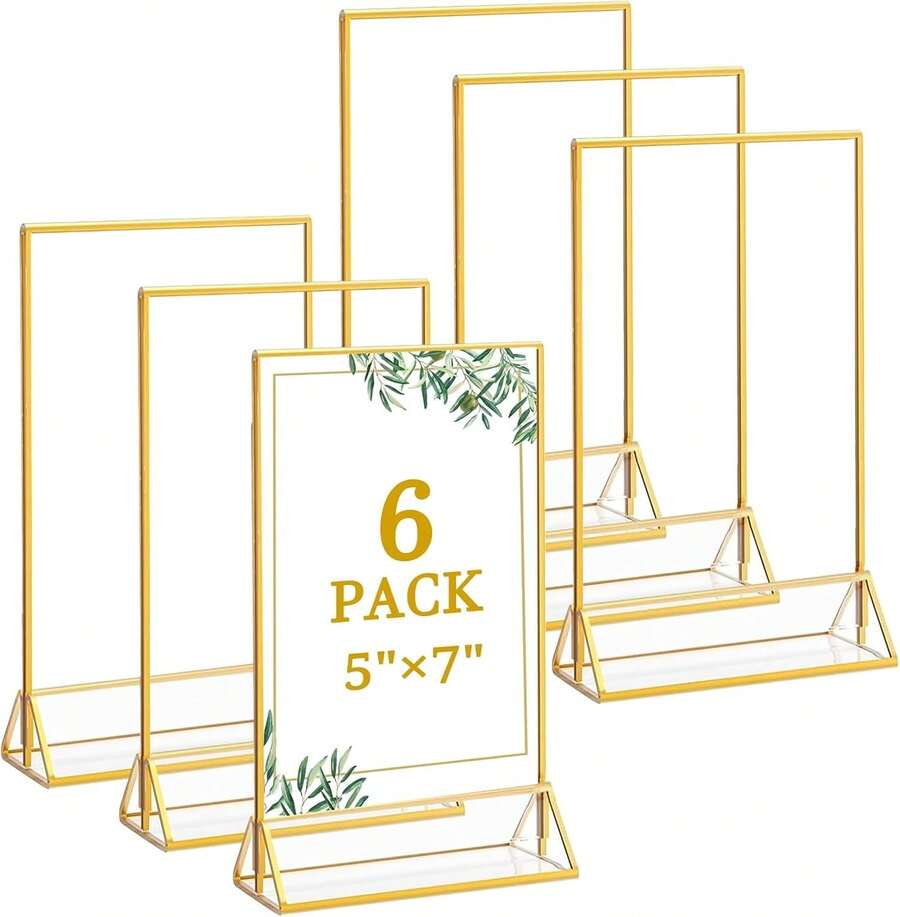 6 Pack 5x7 Inch Clear Acrylic Sign Holders, Double-Sided Gold Display Stand Picture Frames For Table Numbers, Menus, Flyers, Weddings, And Offices - 5吋 x 7吋 - 6個裝 - 查看 1