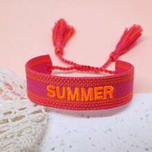 1pc Vintage Embroidered "SUMMER" Handmade Braided Boho Style Bracelet, Suitable For Family, Friends, Students, Travel, Party Wear - Hot Pink - View 5