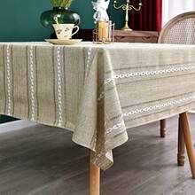 NEWISHER Mantel Cuadrado Bordado Rústico de Granja Jacquard a Rayas Mantel con Textura de Lino Lavable Cubierta de Mesa de Comedor Cocina Comedor Decoración del Hogar Amarillo 70x70 pulgadas - Almendra Buff - Ver 1