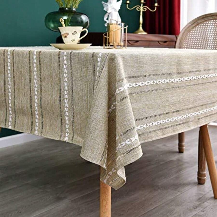 NEWISHER Mantel Cuadrado Bordado Rústico de Granja Jacquard a Rayas Mantel con Textura de Lino Lavable Cubierta de Mesa de Comedor Cocina Comedor Decoración del Hogar Amarillo 70x70 pulgadas - Almendra Buff - Ver 1