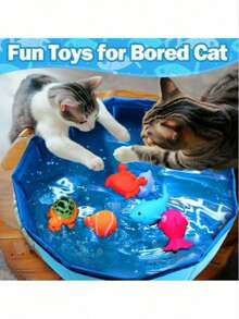 1pc Foldable Cat Water Play Pool Toy, Portable Indoor/Outdoor Cat Water Bowl With 6pcs Sound-Making Toys, Cat Interactive Entertainment Set, Essential Cat Supplies For Summer, Keeps Cats Entertained! - Blue - View 7