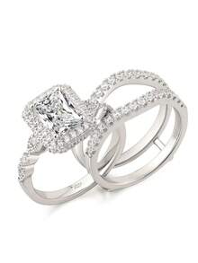 AIHUASI 2pcs/Set 925 Sterling Silver Elegant Wedding Rings Set For Women Center Stone 6*8mm 1.88 Carat Radiant Cut Dazzling AAAAA Cubic Zirconia Bridal Set Fine Jewelry Valentines Gift - Silver - View 2