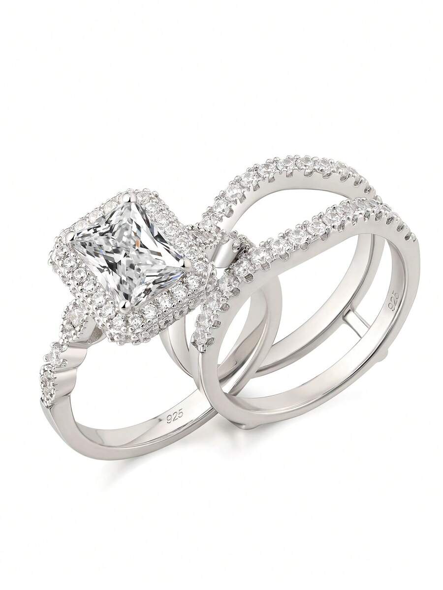 AIHUASI 2pcs/Set 925 Sterling Silver Elegant Wedding Rings Set For Women Center Stone 6*8mm 1.88 Carat Radiant Cut Dazzling AAAAA Cubic Zirconia Bridal Set Fine Jewelry Valentines Gift
