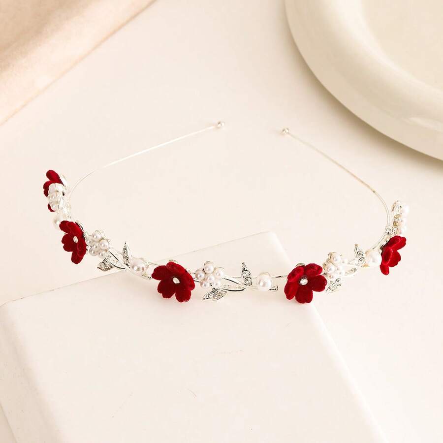 1pc Red Rose Headband With Faux Pearl Flower, Retro Delicate Hair Hoop Hair Band - Silver - View 1