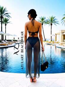 SALIDA DE PLAYA, FALDA LARGA, PAREO PARA MUJER CON AVERTURA HASTA LA CINTURA EN LOS 2 COSTADOS, TELA SEMITRANSPARENTE, SÚPER STRETCH, SEXY, CASUAL Y MUY A LA MODA. - Negro - Ver 5