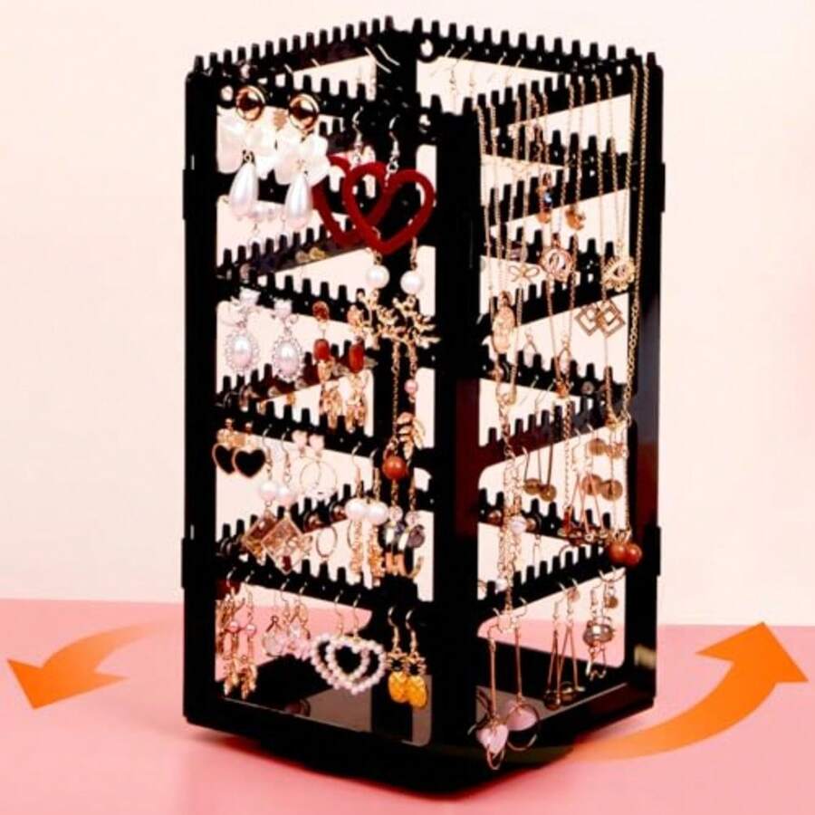 360° Rotating Jewelry Organizer Stand With 5 LayersAcrylic Earring Holder Organizer Stand 228 Holes And 232 Grooves For Studs Dangly Earrings Chains Bracelets Necklace - 5TierBlack - 查看 1