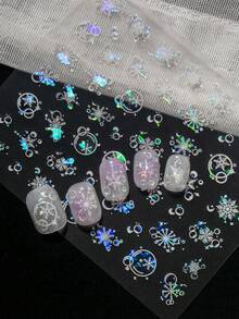 一张梦幻冬日美甲贴纸，饰有雪花和透明气泡，采用全息虹彩效果，折射出迷人的彩虹色调，搭配精致的透明气泡和圣诞装饰，整体设计散发出梦幻般的冬日气息和节日氛围。梦幻浪漫的风格，璀璨夺目，是喜爱冬日美学、圣诞节庆典和奇幻之美人士的理想之选。 - 彩色 - 查看 7