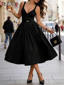 DONICY 女士纯黑色高腰长裙，优雅弹力腰A字裙摆，适合春夏日常穿着及度假 - 黑色 - 查看 9