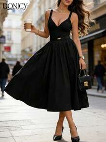 DONICY 女士纯黑色高腰长裙，优雅弹力腰A字裙摆，适合春夏日常穿着及度假 - 黑色 - 查看 8