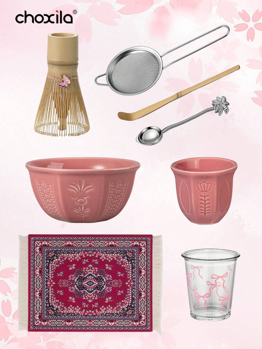 choxila 4/8pcs Pink/Green Matcha Set, Ceramic Bowl, Plastic Matcha Whisk, Matcha Accessories, Dishwasher , Easy To Clean - Green Set - View 1