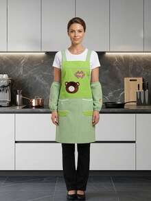 1pc Japanese Cotton Linen Kitchen Apron, Anti-Oil Adult Cooking Smock, Cafe Uniform, Artistic Apron - Bear-shaped Apron With Sleeves - Green - View 1