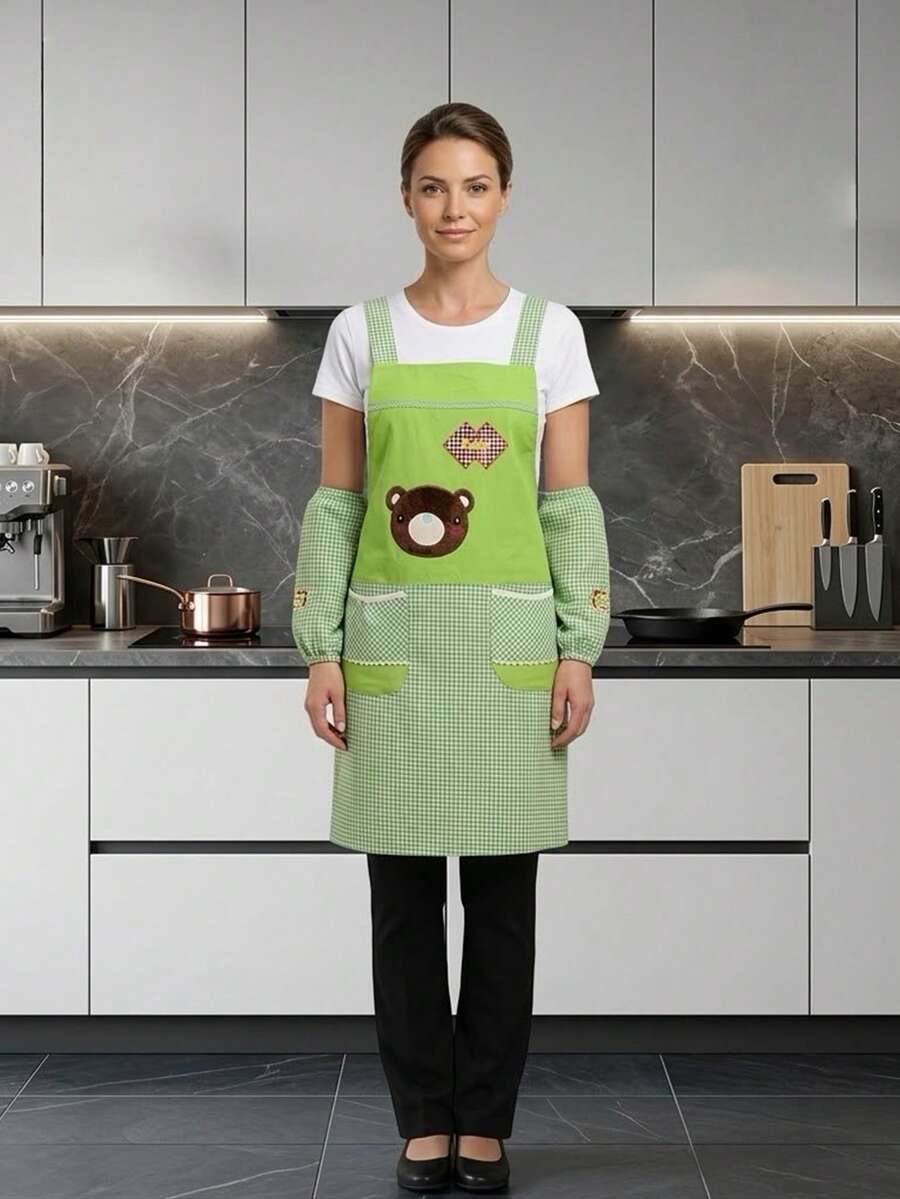 1pc Japanese Cotton Linen Kitchen Apron, Anti-Oil Adult Cooking Smock, Cafe Uniform, Artistic Apron - Bear-shaped Apron With Sleeves - Green - View 1