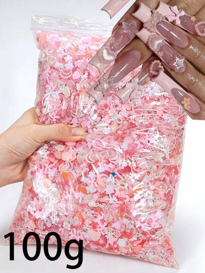 100g/Túi Phụ kiện trang trí móng tay hình nơ và hoa màu hồng trong suốt hỗn hợp, nhiều hình dạng Kawaii bằng nhựa, hoa hồng, bướm, anh đào, trăng tình yêu, nơ ngọc trai, đá đính móng tay 3D dễ thương dành cho phụ nữ và bé gái, đồ thủ công tự làm móng ngọt ngào.