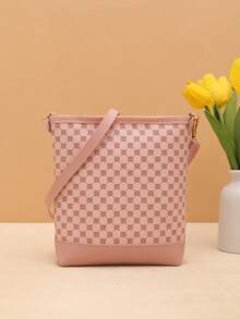 Bolso de cubo cruzado de hombro con estampado vintage, versátil para uso diario - Rosa - Ver 4