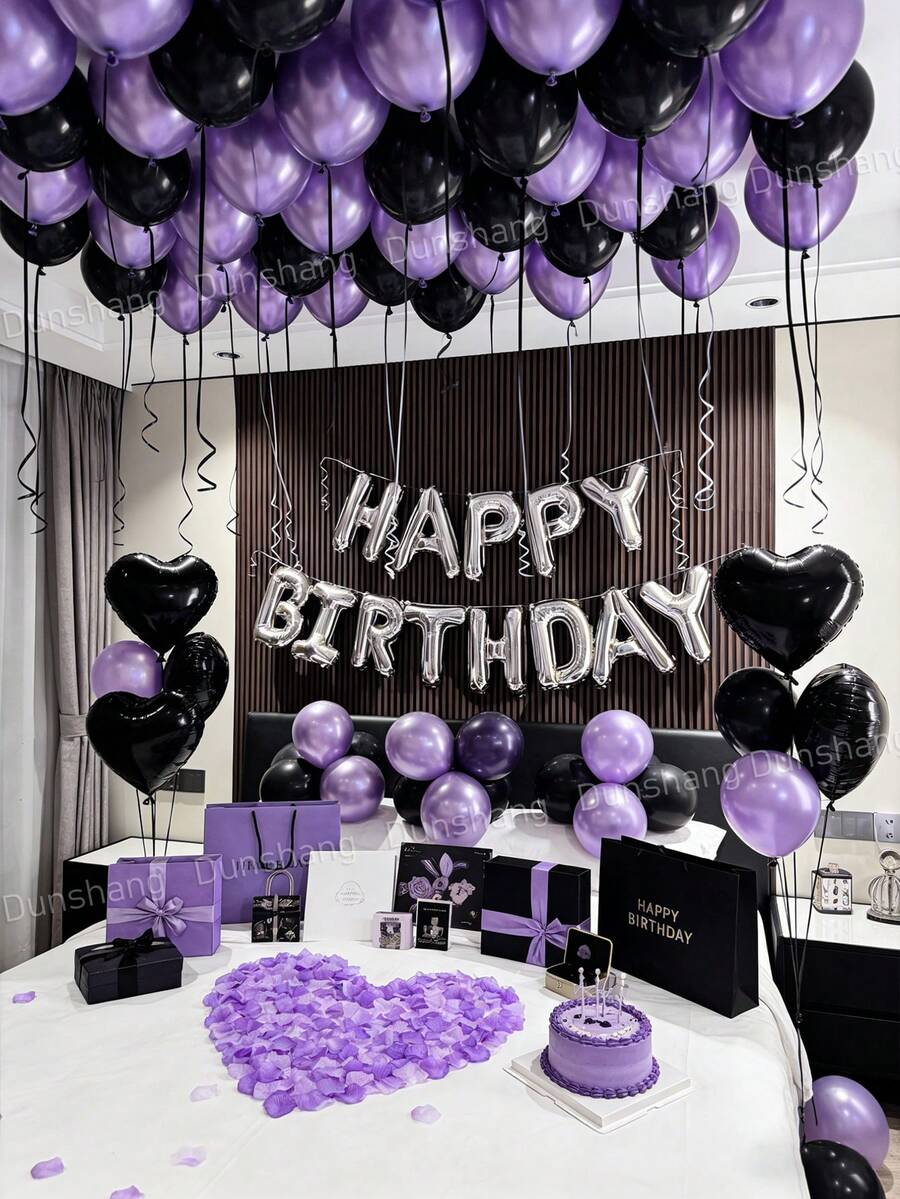 13/60/65件組女性紫色生日裝飾套組－銀色Happy Birthday橫幅＋黑色愛心鋁箔氣球＋霧面黑與金屬紫加厚乳膠氣球，適用生日派對、週年紀念裝飾、午夜驚喜裝飾，派對用品