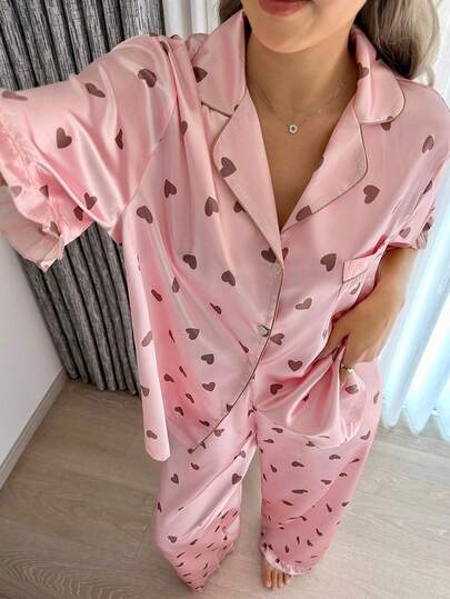 2pcs Heart Pattern Versatile Minimalist Commuting Lapel Short Sleeve Top And Pants Women Pajama Set