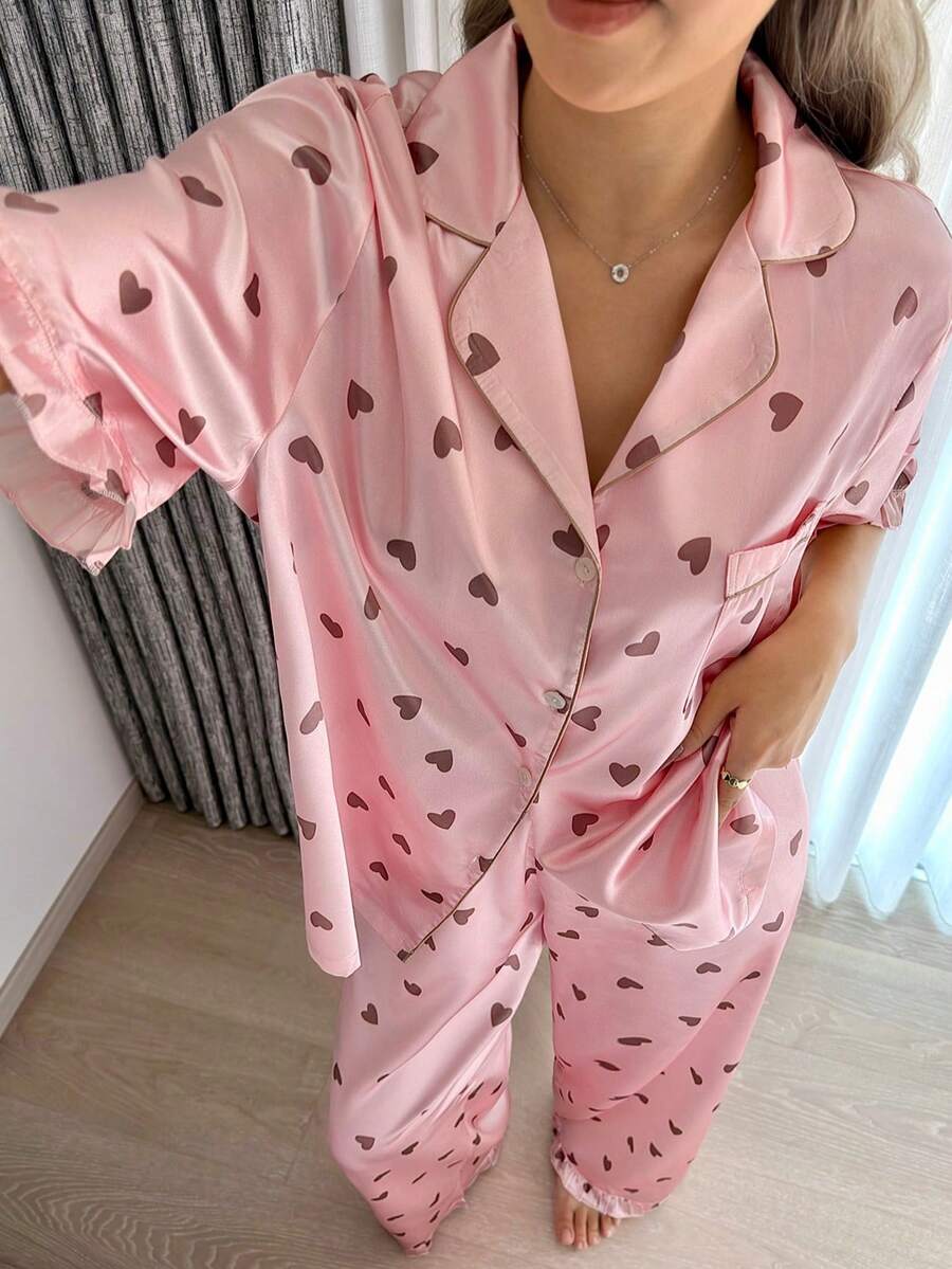 两件套心形图案百搭简约通勤翻领短袖上衣和裤子女士睡衣套装 - 粉色 - 查看 1