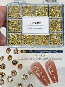 KIRAME 3600颗香槟色尖底水钻，K9玻璃圆钻，1.3-6.4mm混合尺寸美甲装饰套装，附赠1支点钻笔，适用于DIY美甲、美甲沙龙、美甲用品、圣诞美甲、新年节日礼物 - 香檳色 - 查看 5