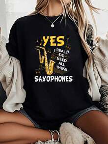 Camiseta Unisex 100% Algodón con Estampado "Sí, Realmente Necesito Todos Estos Instrumentos Musicales de Saxofón", Camiseta Casual de Manga Corta con Cuello Redondo y Estampado Gráfico. - Negro - Ver 6