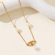 一套：2件金色不锈钢双珠小双D吊坠项链 + 扁平十字夹珍珠三圈长项链 - 金色 - 查看 6