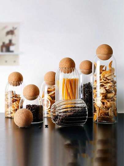 1 Set Of High-Quality Spherical Cork Glass Jars, Kitchen Food Storage Containers, Transparent Glass Jars With Sealed Cork Lids, Suitable For Storing Candy, Tea, Coffee, Spices, Salt And Other Items. Big Promotion At Year-End With Discounted Prices, Kitchen Accessories