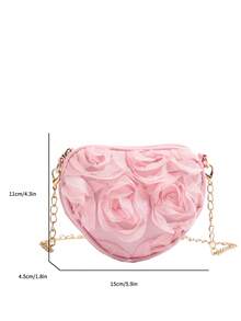 Pink Heart Rose Crossbody Bag, Girly Mesh Flower Bag, Mini Chain Shoulder Bag - Pink - View 9