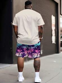 Men's Casual Street Sporty Series "Ombre Palm Tree" Pattern Design Tracksuit - Polyester Knit Fabric, Round Neck Design, Drawstring Shorts, Pocket Details, Regular Fit, Suitable For Plus Size - Champagne - View 2