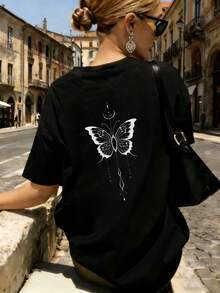 2025 女式印花 T 恤，蝴蝶印花设计，宽松版型，100% 纯棉，透气面料，穿着舒适，夏季，休闲度假风格 - 黑 - 查看 4