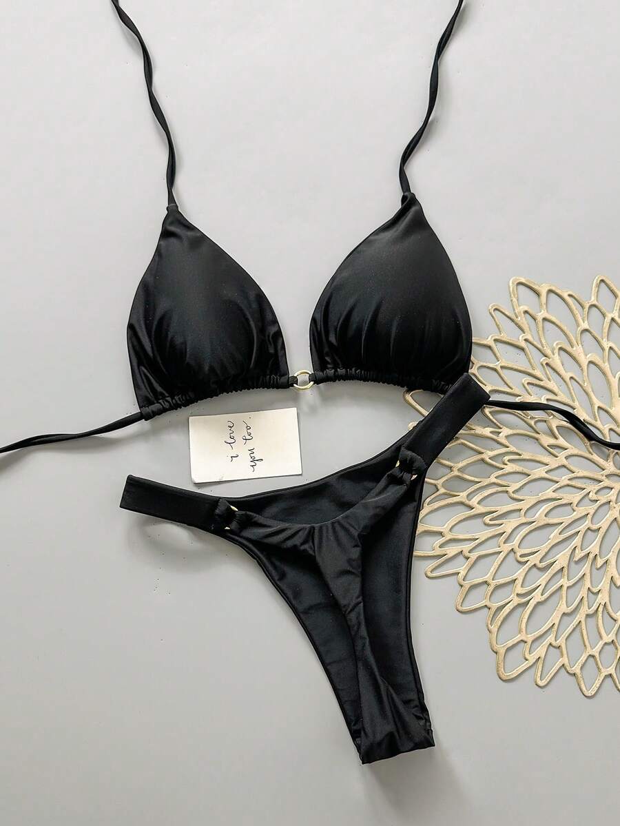 Bộ bikini gợi cảm buộc dây cổ màu trơn dành cho nữ, thích hợp mặc đi biển mùa hè. - màu đen - Xem 1