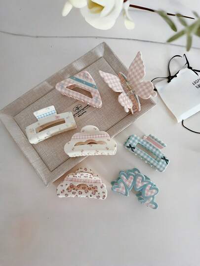 1 pieza Pinza de pelo de acrílico con lazo a cuadros de la serie Kawaii de flores pequeñas casuales, accesorio de pelo de acrílico de nueva llegada