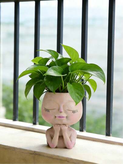 1个脸型花盆/室内外植物树脂多肉植物盆，可爱女士脸型花盆，不易碎家居装饰花瓶，带排水孔的多肉植物盆，现代装饰花瓶，适用于家居装饰、客厅、书桌、办公室和餐桌摆设