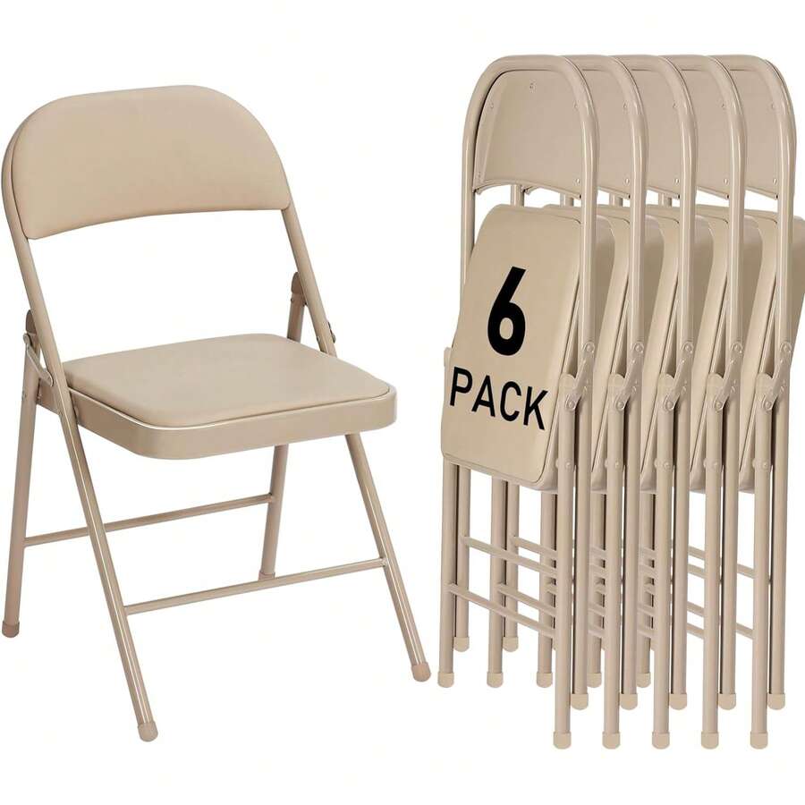 6 Pack White Folding Chairs With Padded Cushion And Back For Outside Portable Stackable Commercial Foldable Chairs With Steel Frame For Events Office Wedding Party, 350lbs Capacity OR Khaki Black - Màu Khaki - Xem 1