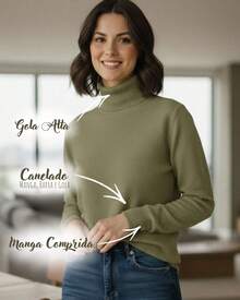 Women's Turtleneck Blouse, Ribbed Knit, High Neck, Long Sleeve, Thermal, Autumn/Winter - 巨像混合物 - 查看 3