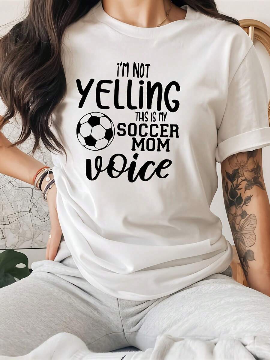 Football Letter Pattern Crew Neck T-Shirt, Casual Short Sleeve T-Shirt, Women's Clothing - 白色 - 查看 1