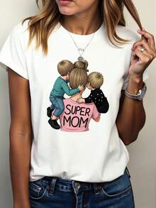 Women's Super Mom Print T-Shirt - Short Sleeve Round Neck Casual Top With "Super Mom" & "Mom" Text, Comfortable & Breathable Fabric Suitable For Casual Attire, Motherhood Apparel - 白色 - 查看 2