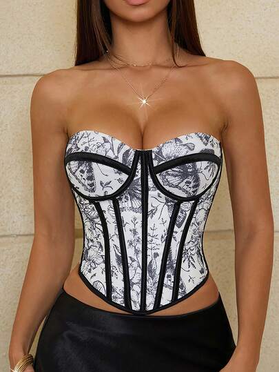 Apperloth A Retro Printed Bustier Crop Top, Underwire Backless Lace-Up Sexy Corset Top, Suitable For Women's Halloween, Rave Outfits