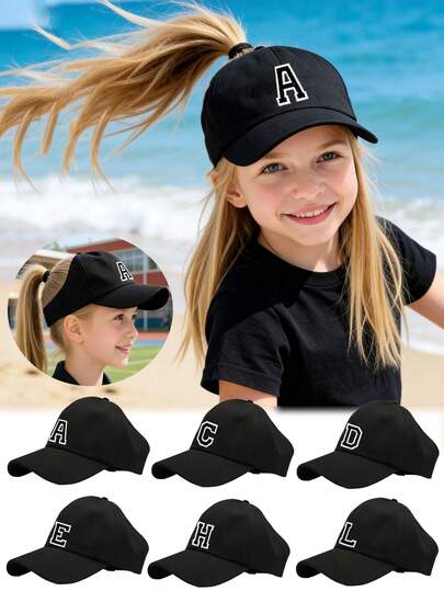 1顶儿童休闲时尚纯色字母棒球帽，带马尾辫孔，防晒，适合户外和日常使用。