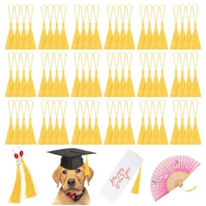 20件套2026金色流苏毕业礼物，适用于高中、大学、本科、硕士、博士毕业典礼帽饰，学生成就纪念配饰，亮黄色流苏套装，适用于毕业礼服派对用品，2026毕业纪念品，摄影道具，传统学术头饰流苏带金属徽章