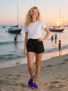 Dép đế bằng mũi tròn họa tiết hoa 3D cho nữ, dép xỏ ngón hở mũi, dép đi biển đi chơi mùa hè, màu trơn - Màu xanh lam - Xem 11