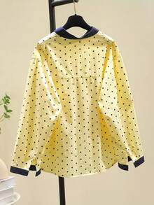 New Design Patchwork Collar Yellow Polka Dot Shirt, Women Long Sleeve Casual Loose Ageless Versatile Everyday Blouse Spring - Yellow - View 2