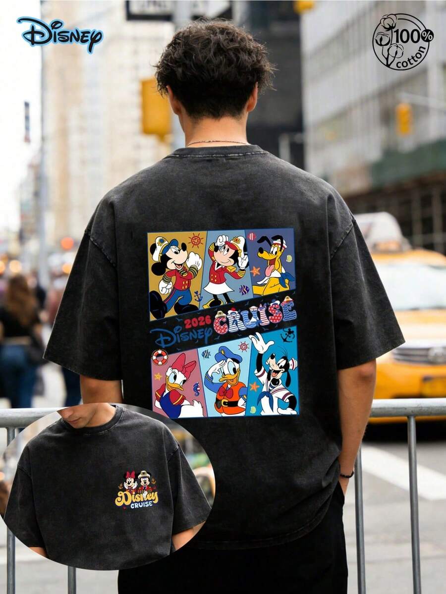 Disney Officially Licensed Mickey Mouse & Friends Cruise Double-Sided Vintage Washed 230g T-Shirt, Unisex Loose Oversized Tee, Men Women Cartoon Streetwear Summer Top - 黑色 - 查看 1
