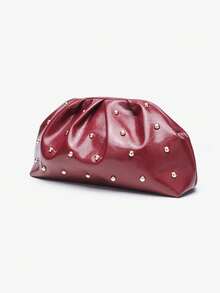 新款铆钉链条褶皱手拿包，时尚简约百搭蘑菇斜挎包 - 紅色 - 查看 6