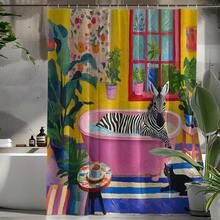 1pc Zebra & Black Cat Print Shower Curtain, High Quality Home Decor Curtain, Modern Style Bathroom Matching, All Season Shower Curtain With 12 Hooks - S2090 - View 4
