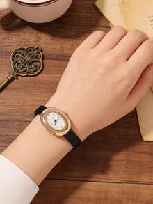 6件套优雅蝴蝶图案女士腕表套装，包括椭圆形罗马数字石英表、蝴蝶手链、耳环和戒指，属于女士配饰系列。 - 黑色 - 查看 2