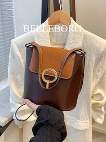 亮面漆皮圆环迷你水桶包，时尚都市通勤百搭手提包/单肩包，女士 - 咖啡 - 查看 5