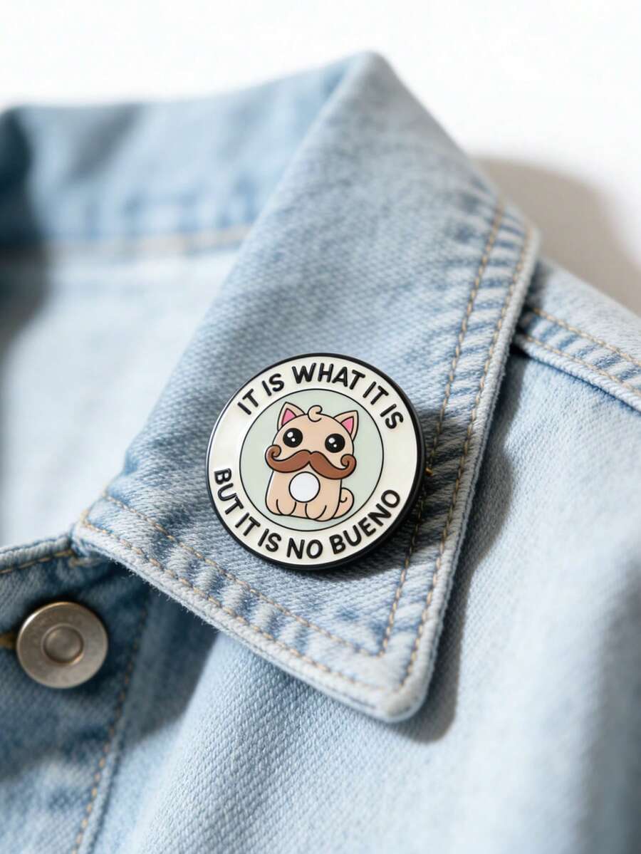 1PC Funny Mustache Cat Enamel Pins - "It Is What It Is But It Is No Bueno" Humorous Quote Badge Self-Care Badges Metal Brooches Fashion Lapel Badge Backpack Clothes Jewelry Bag Pins Imperdible Graduation Gift - Multicolor - View 1