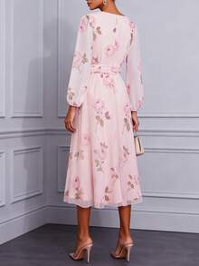Women's Elegant Floral Print Chiffon Belted Mid-Length Dress - Baby Pink - View 2