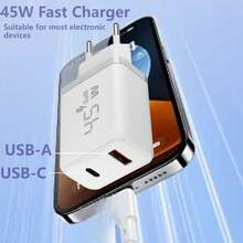 45W Type-C Super Fast Dual Port Charger, PD 3.0 Protocol, Compatible With Galaxy S24/S23/S22/S21 Ultra/S20/S20+/Note 20/10/9/8/A73/A53/A52 And 17/16/15 Series, White, Includes 2M USB-C Cable - EU C Type Plug(220-240V) - View 3