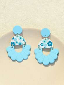 1对女士浅蓝色花卉印花陶瓷纹理镂空亚克力耳环，时尚优雅设计 - 彩色 - 查看 4